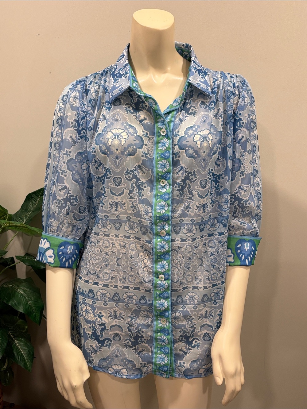 Gretchen Scott Blue Floral Sheer Button-Front Blouse with Contrasting Cuffs